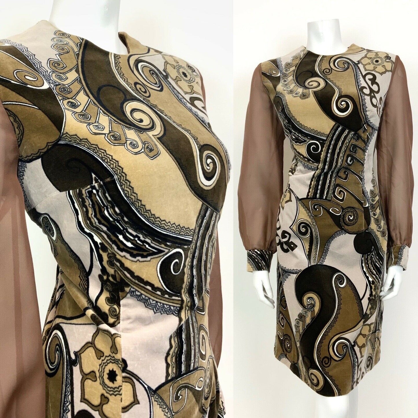 VINTAGE 60s 70s BROWN CREAM BLACK GEOMETRIC AZTEC VELVET PARTY MOD DRESS 14 16