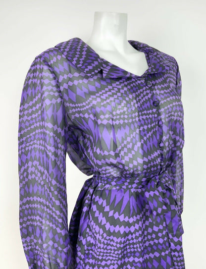 VTG 60s 70s BLACK PURPLE DIAMOND WAVY PSYCHEDELIC SHEER SHIRT DRESS 12 14