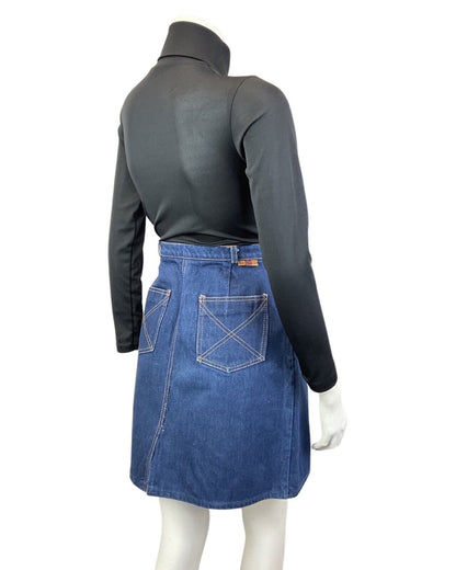 VINTAGE 60s 70s DENIM BLUE WESTERN BOHO SHORT SKIRT 8 10