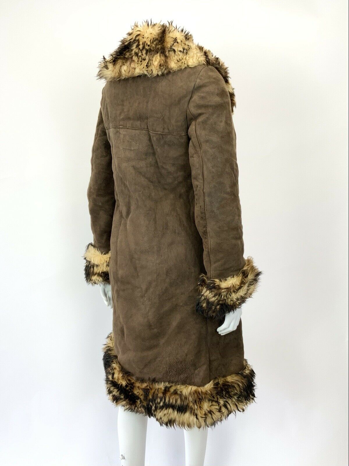 VTG 60s 70s DARK BROWN SUEDE LEATHER SHEARLING BOHO MOD PRINCESS COAT 10 12