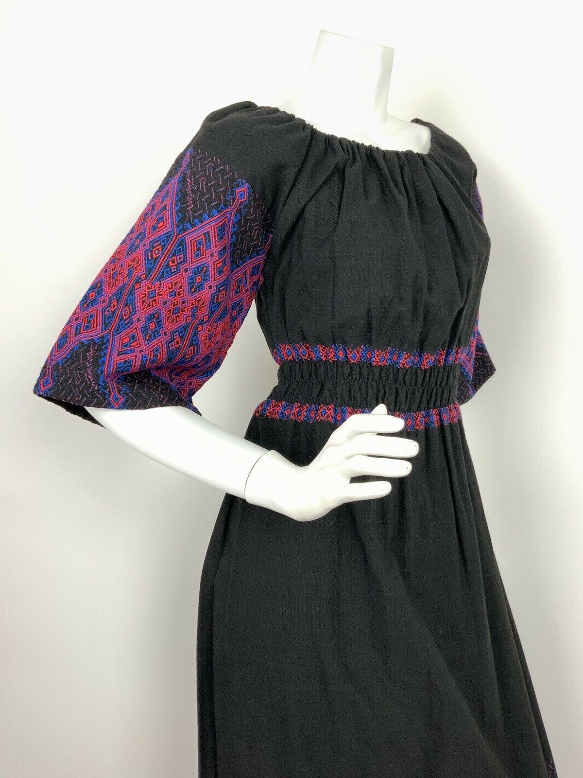 VTG 60s 70s ETHNIC FOLK BLACK BLUE RED EMBROIDERED RUCHED MAXI DRESS 10 12