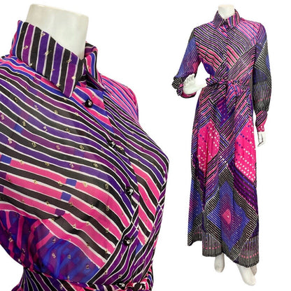 VINTAGE 60s 70s PURPLE PINK WHITE STRIPED SHEER MOD SHIRT MAXI DRESS 10