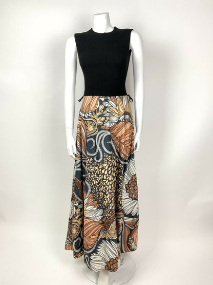 VTG 60s 70s BLACK ORANGE PEACH WHITE PSYCHEDELIC LEAFY FLORAL MAXI DRESS 8