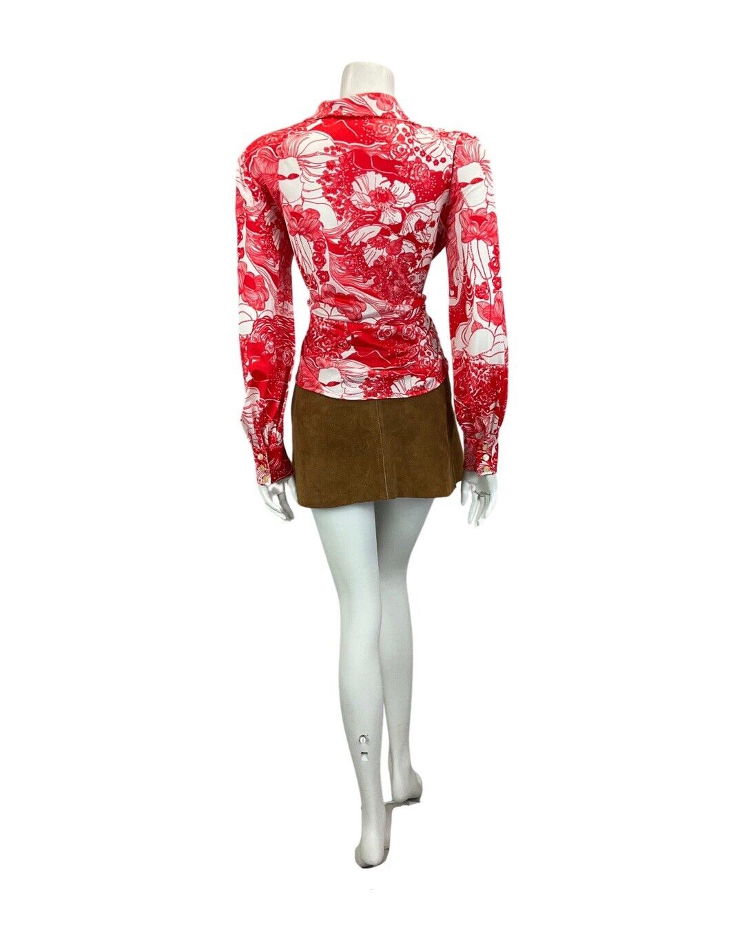 VINTAGE 60s 70s WHITE RED FLORAL PSYCHEDELIC DAGGER COLLAR SHIRT 14