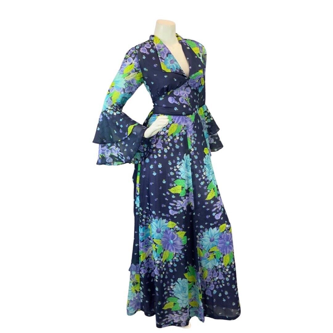 VINTAGE 60s 70s BLUE PURPLE GREEN FLORAL PSYCHEDELIC FLOUNCE MOD MAXI DRESS 10