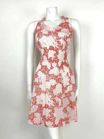 VINTAGE 60s 70s RED WHITE FLORAL DITSY PAISLEY RUCHED SUMMER DRESS 8 10