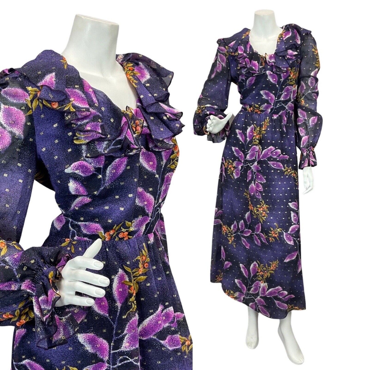 VINTAGE 60s 70s VERA MONT PURPLE NAVY BLUE GOLD LEAF PRINT RUFFLED MAXI DRESS