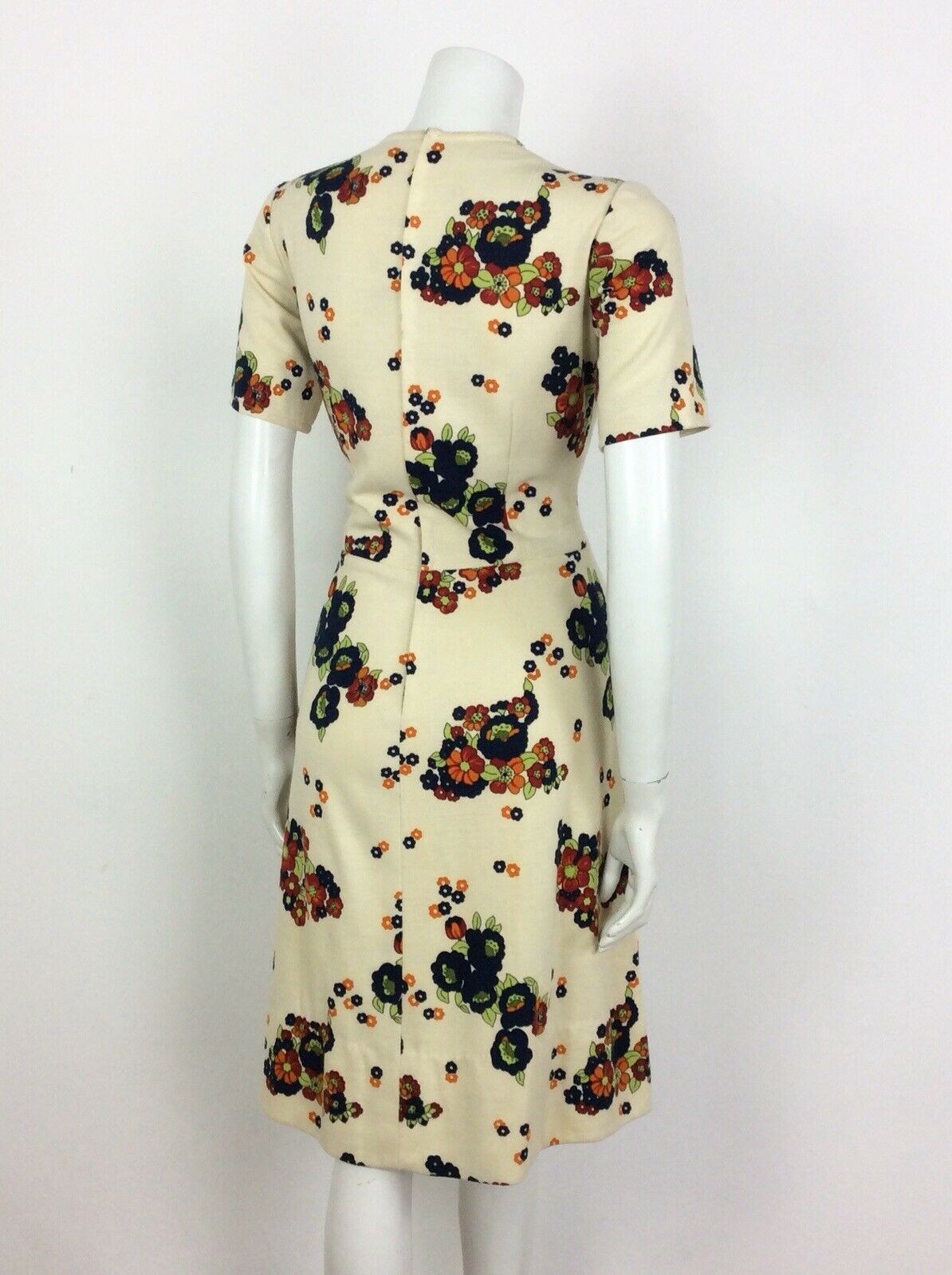 60S 70S VINTAGE CREAM NAVY BLUE FLORAL PSYCHEDELIC DRESS 12