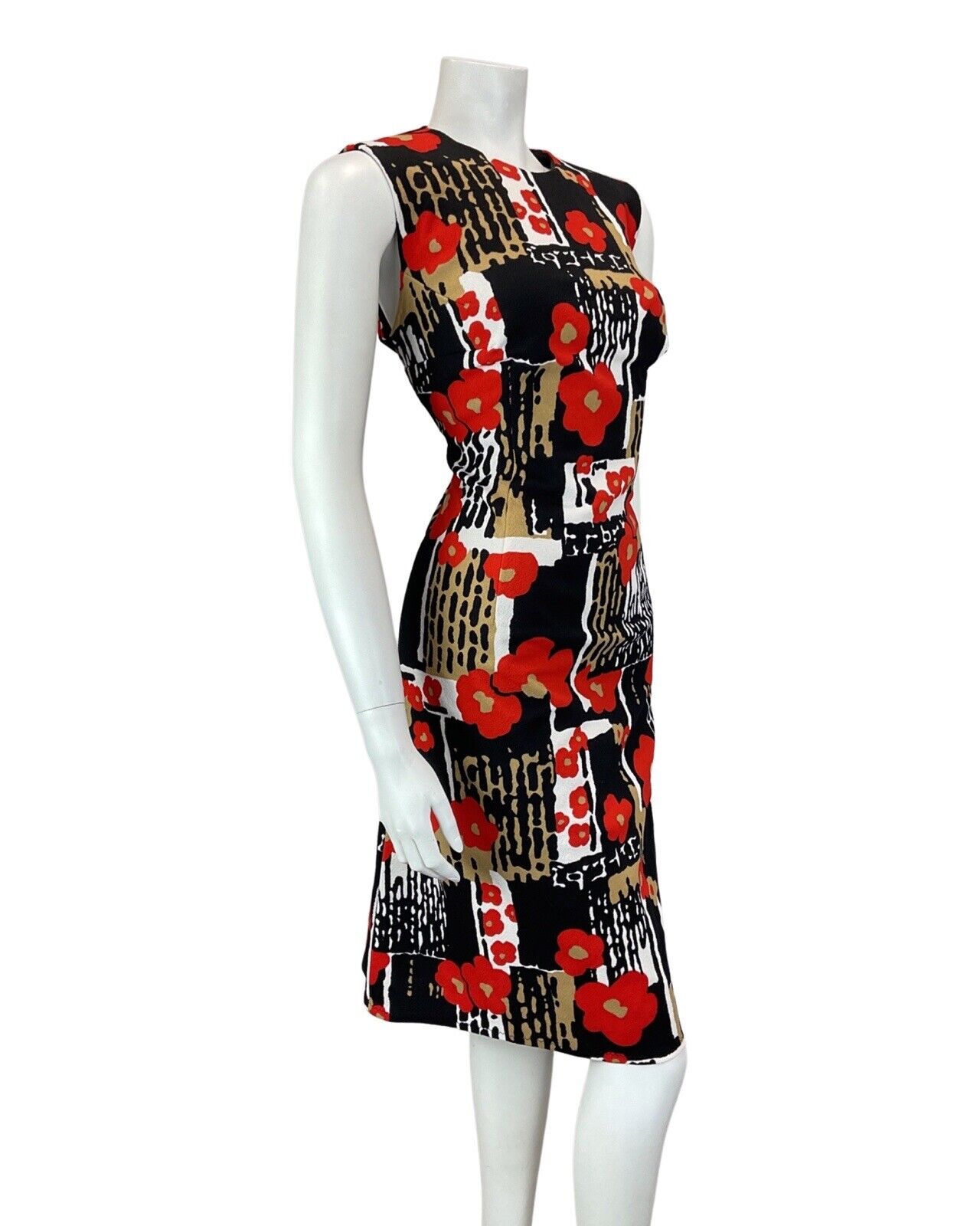 VTG 60s 70s BLACK WHITE RED PSYCHEDELIC FLORAL POPPY MOD SLEEVELESS DRESS 14 16