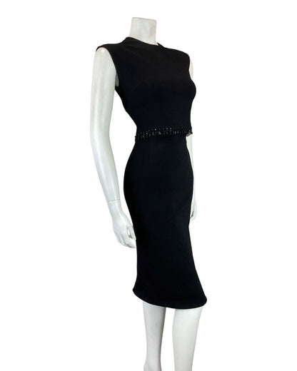 VINTAGE 60s 70s BLACK SEQUIN BEADED GLAM PARTY SLEEVELESS WIGGLE DRESS 8