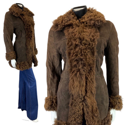 VINTAGE 60s 70s DARK BROWN BOHO MOD PENNY LANE SHORT SHEARLING COAT 12 14