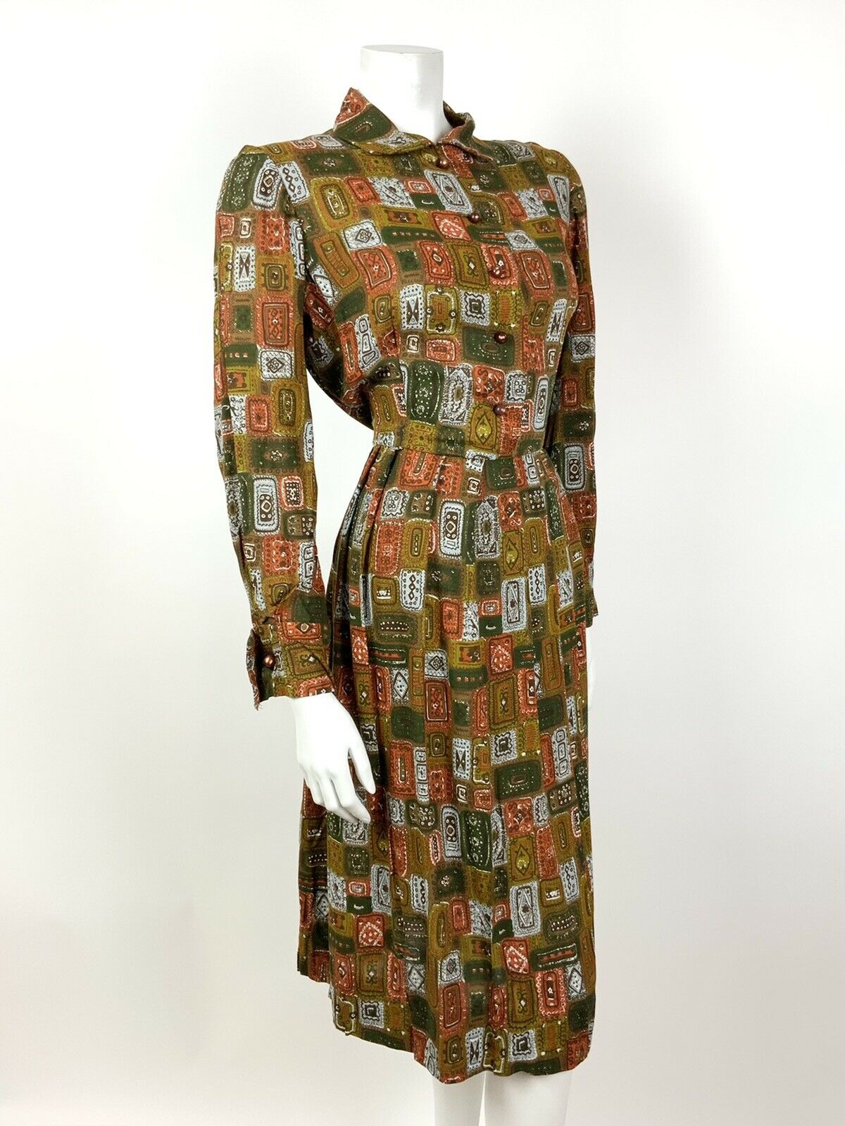 VINTAGE 60s 70s BROWN GREEN ORANGE BLUE GEOMETRIC FRENCH CUFF SHIRT DRESS 12