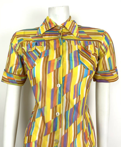 VINTAGE 60s 70s YELLOW WHITE PURPLE BLUE STRIPED DAGGER COLLAR SHIRT DRESS 10 12