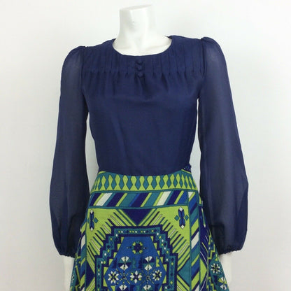 60S 70S VINTAGE PSYCHEDELIC GREEN BLUE COTTON SILKY MINI DRESS 6