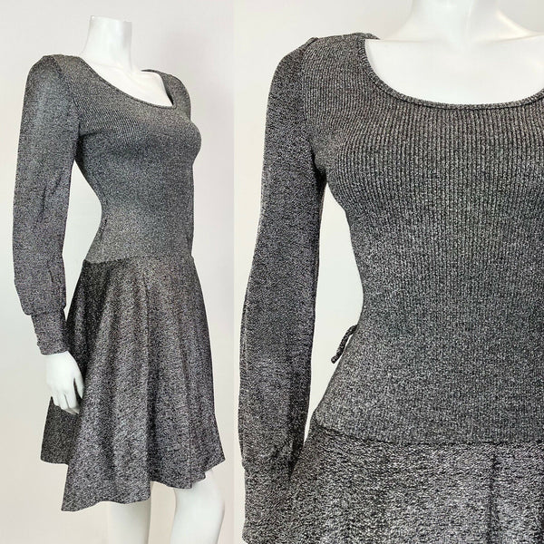 VINTAGE 60s 70s SILVER GLITTER LUREX STUDIO 54 PARTY DISCO MOD SKATER DRESS 6 8