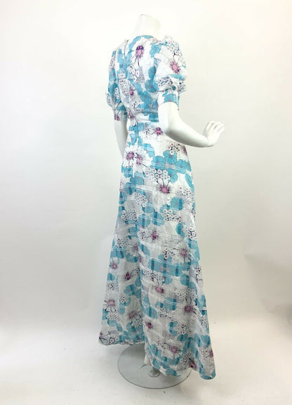 VTG 60s 70s WHITE BLUE PINK FLORAL PUFF SLEEVE PSYCHEDELIC MOD MAXI DRESS 8