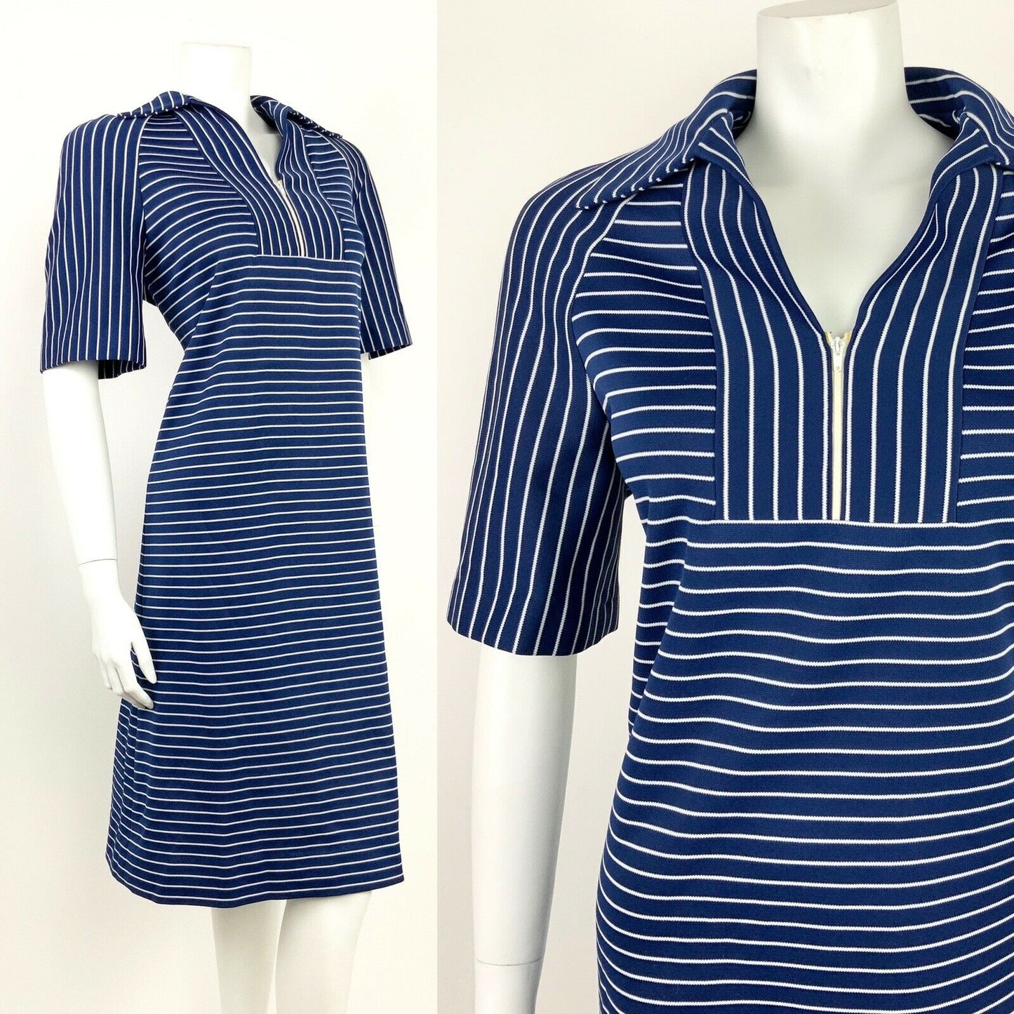 VTG 60s 70s NAVY BLUE WHITE STRIPED WING COLLAR MOD NAUTICAL SHIFT DRESS 14 16