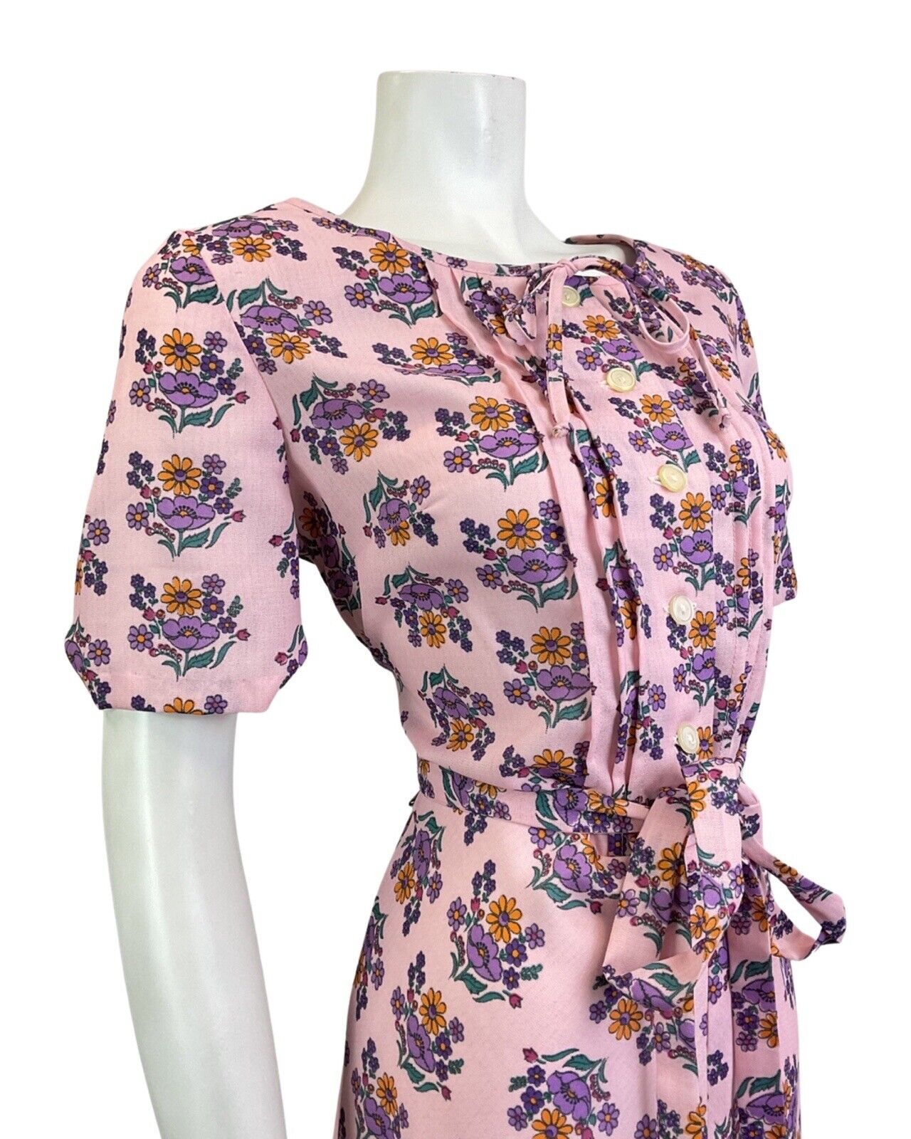 VINTAGE 60s 70s PINK PURPLE FLORAL BOUQUET BELTED SUMMER MIDI DRESS 12 14