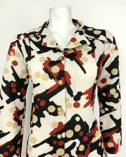 VINTAGE 60s 70s WHITE RED BLACK BEIGE ABSTRACT DOTTY DAGGER SHIRT DRESS 14 16