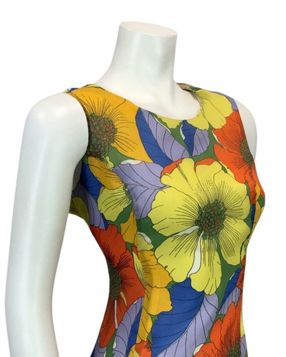 VINTAGE YELLOW ORANGE BLUE GREEN FLORAL PRINT FLOATY MIDI DRESS 14