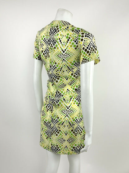 VINTAGE 60s 70s WHITE GREEN BLACK YELLOW OP-ART POLKA DOT PSYCHEDELIC DRESS 12