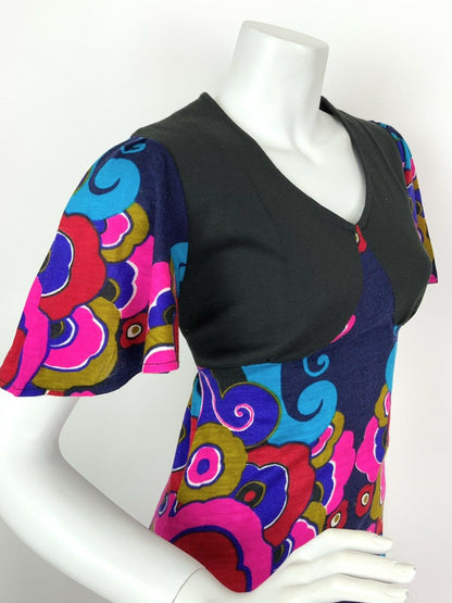 VTG 60s 70s BLUE BLACK PINK GOLD RED PSYCHEDELIC FLORAL SWIRL MAXI DRESS 8 10