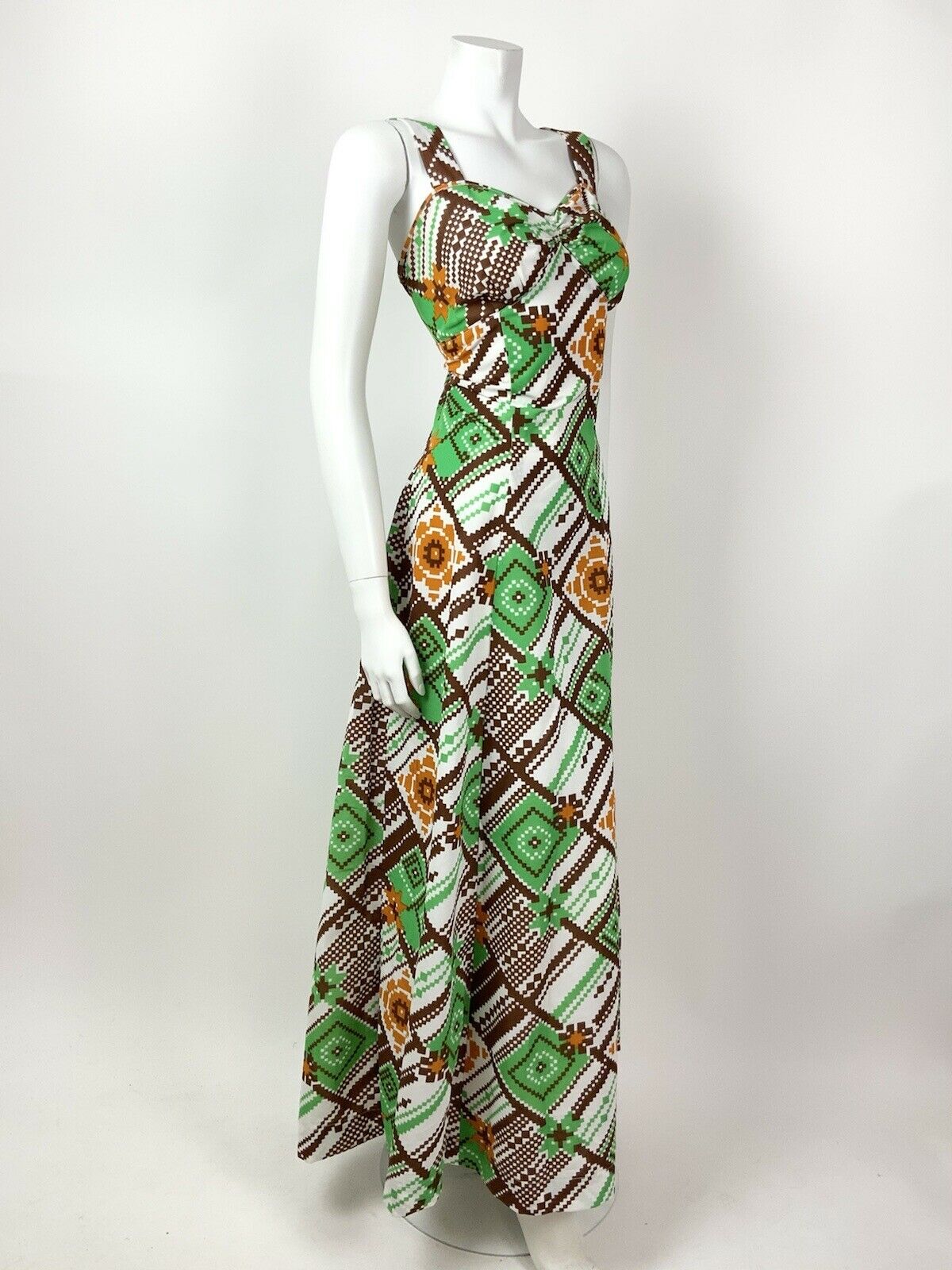 VTG 60s 70s WHITE BROWN ORANGE GREEN PIXEL GEOMETRIC CHECKED MAXI DRESS 12 14