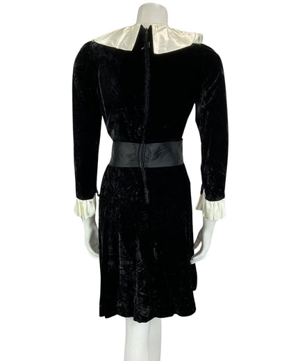 VTG 60s 70s BLACK VELVET CREAM EDWARDIAN MOD PARTY CHRISTMAS EVENING DRESS 8