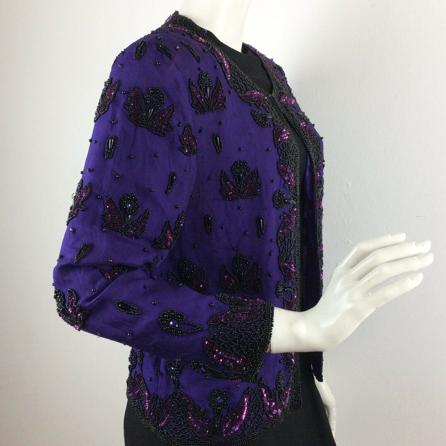 VINTAGE 70S 80S PURPLE EVENING PARTY BLACK PINK BEAD FLOWER TROPHY JACKET 10 12