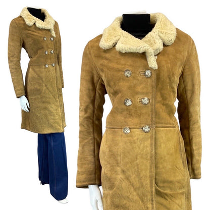 VINTAGE 60s 70s CAMEL BROWN DOUBLE BREASTED SHEEPSKIN SHEARLING COAT 10