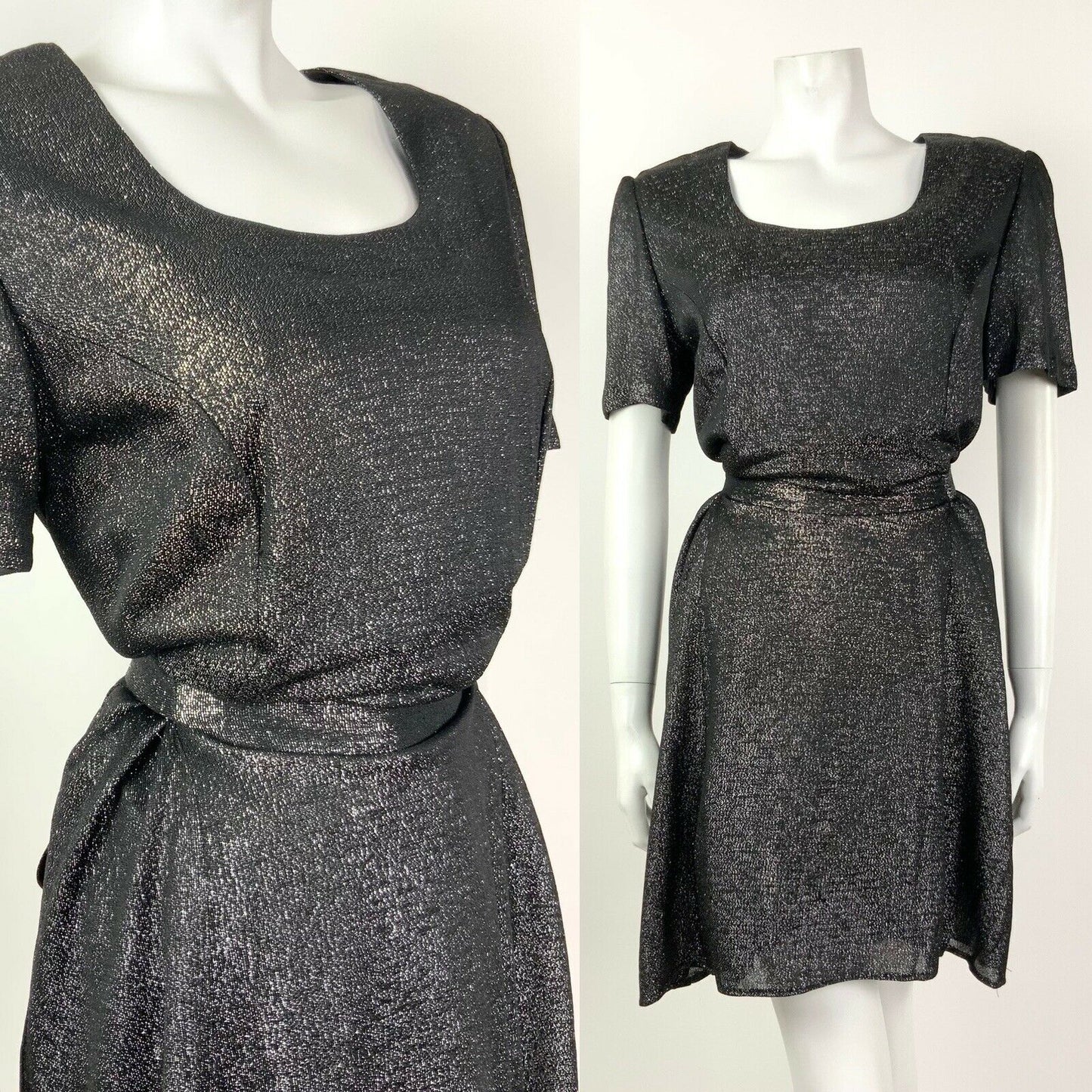 VINTAGE 60s 70s BLACK SILVER GLITTER DISCO STUDIO 54 BLOUSON DRESS 8 10 12