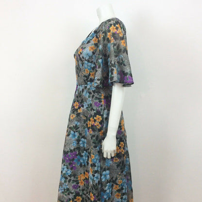 70S VINTAGE GREY GREEN BLUE PURPLE YELLOW FLOWER MAXI DRESS 10