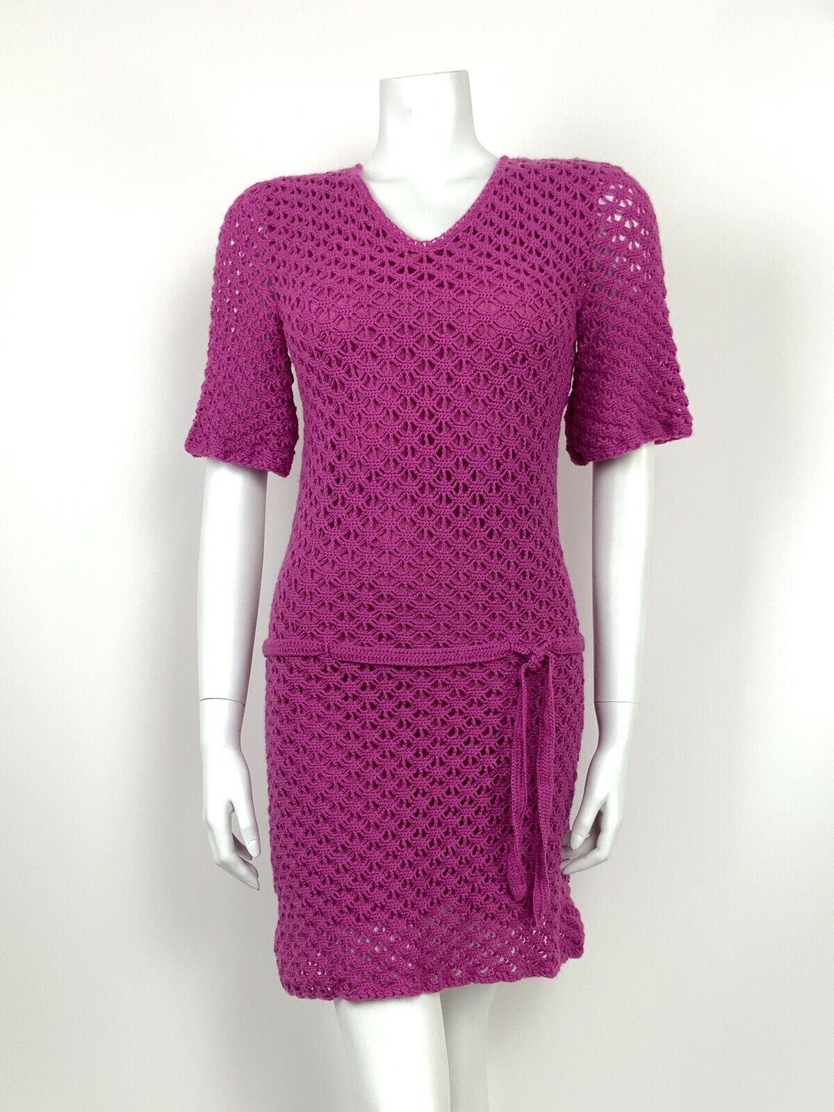 VINTAGE 60s 70s PINK PURPLE CROCHETED HIPPY DROP WAIST DRESS 8