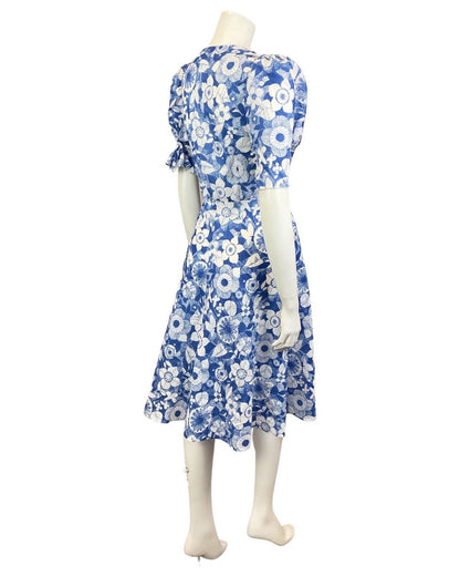 VINTAGE 60s 70s BLUE WHITE FLORAL PUFF SLEEVE SWING DRESS 8