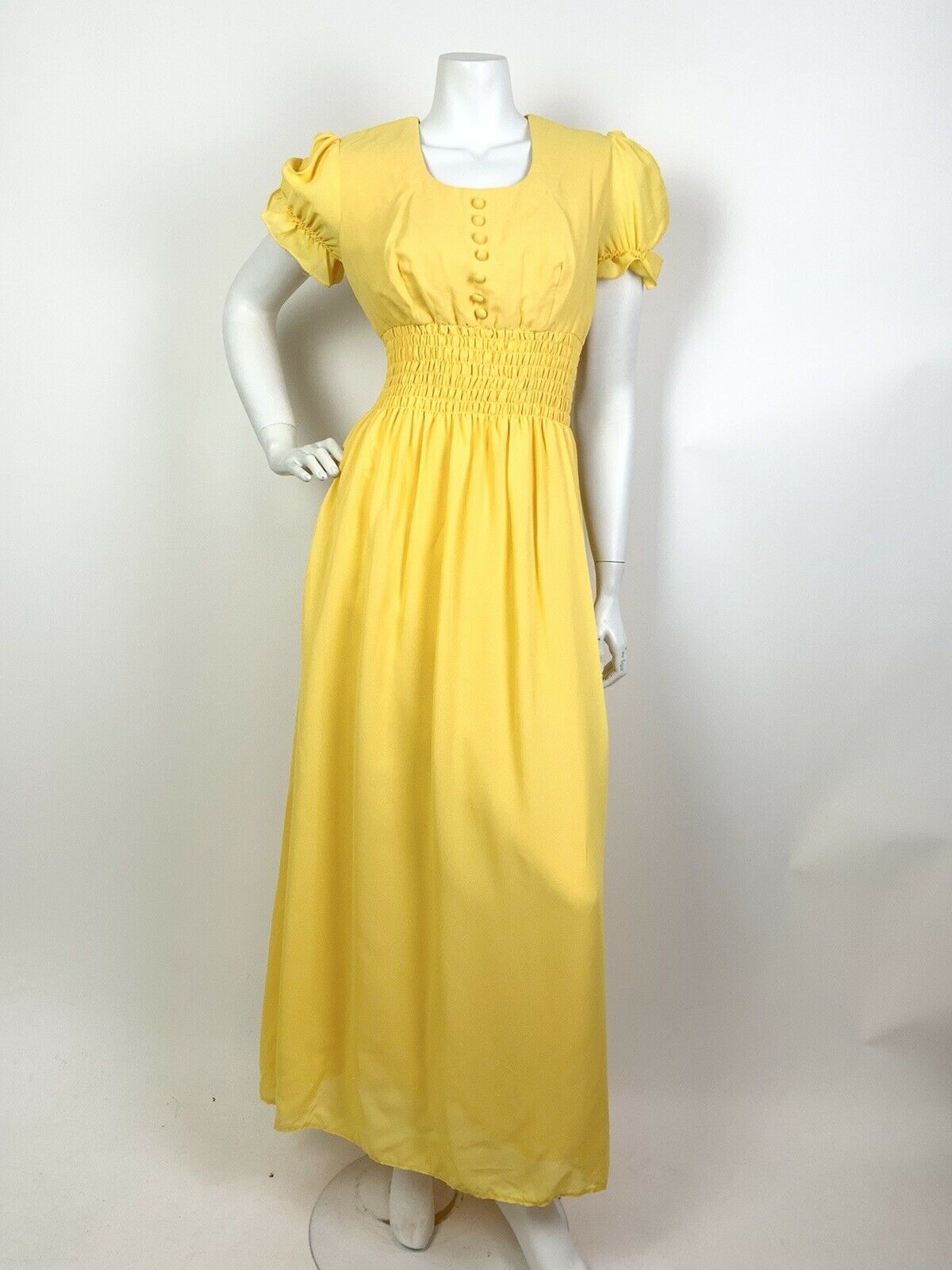 VINTAGE 60s 70s SUNSHINE YELLOW PUFF SLEEVE PRAIRIE BOHO MAXI DRESS 10 12