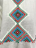 VTG 70s WHITE RED BLUE GREEN AZTEC GEOMETRIC EMBROIDERED BOHO ETHNIC TOP 10 12