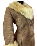 VINTAGE 60s 70s WARM BROWN SUEDE LEATHER FUR COLLAR PENNY SHEARLING COAT 12 14