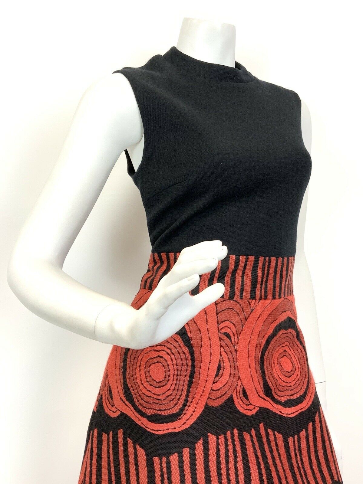 VTG 60s 70s BLACK ORANGE PSYCHEDELIC GEOMETRIC SLEEVELESS MOD MAXI DRESS 8 10