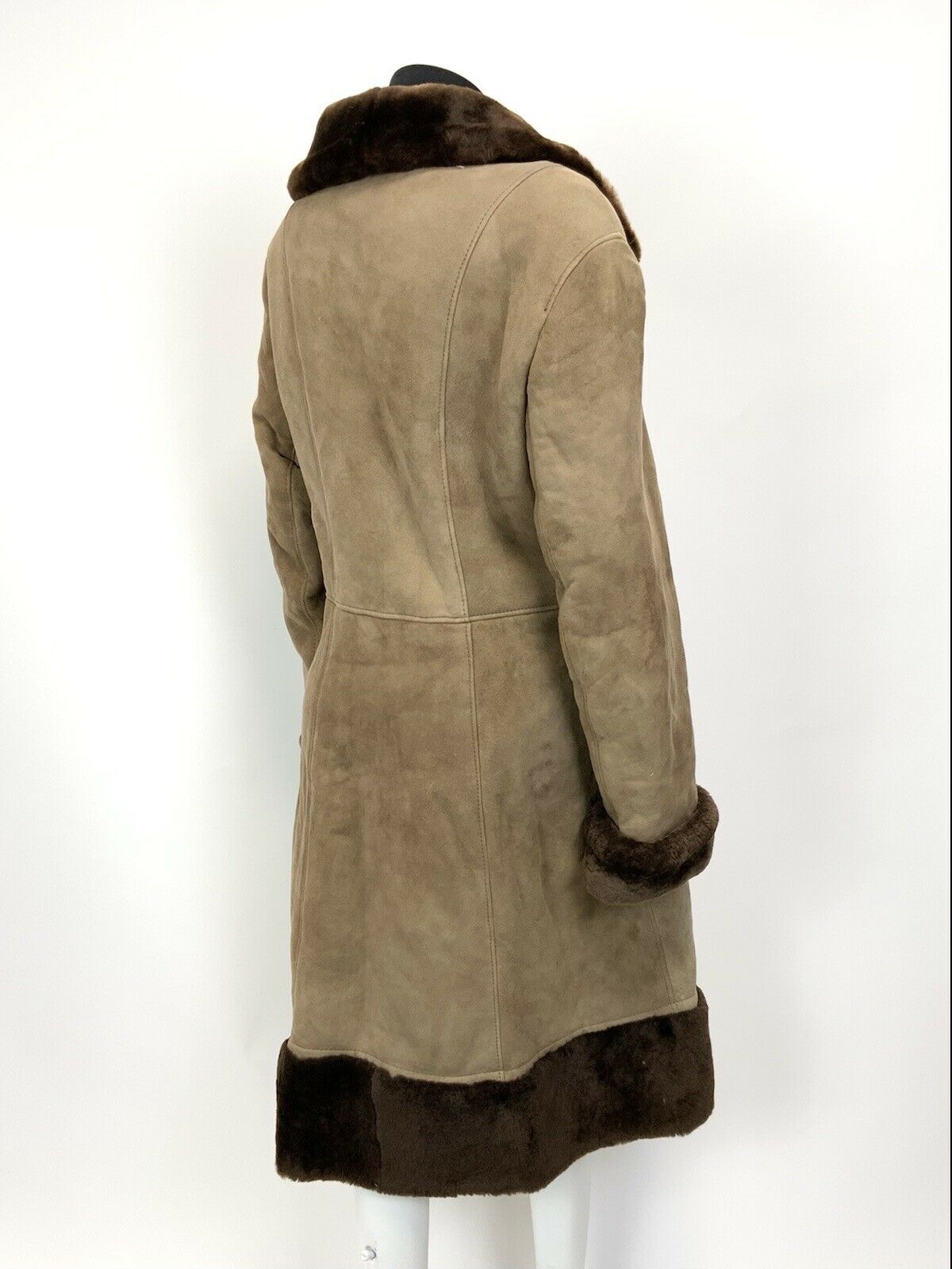 VINTAGE 60s 70s CAMEL BROWN SUEDE SHEARLING DOUBLE-BREASTED LONG COAT 16 18