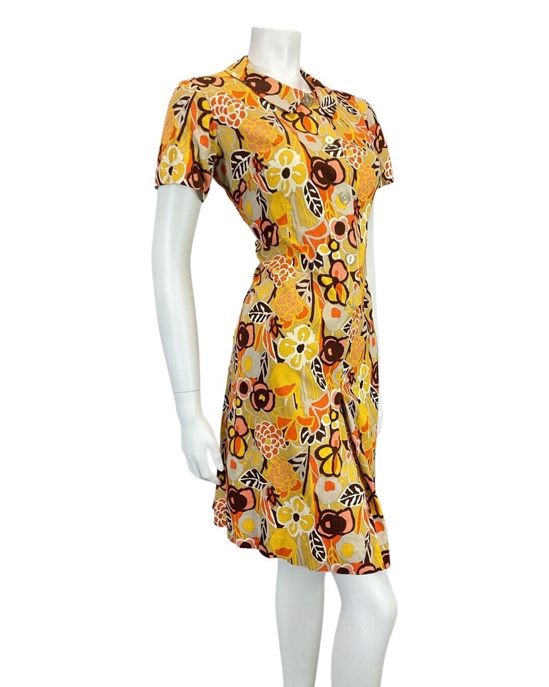 VINTAGE 60s 70s YELLOW BEIGE ORANGE FLORAL MOD PETER PAN SHIRT DRESS 12 14