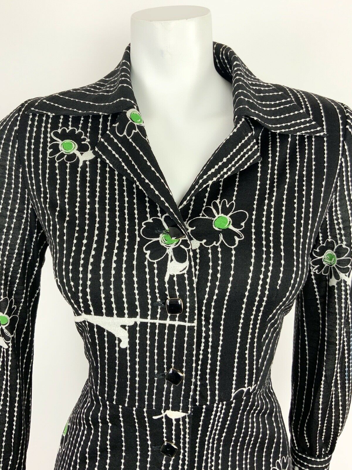 VINTAGE 60s 70s BLACK WHITE GREEN FLORAL DAISY STRIPED SHIRT DRESS 10