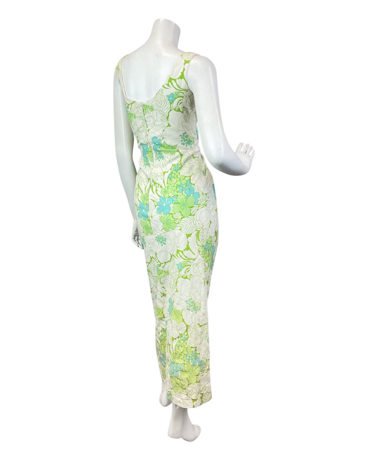 VINTAGE 60s 70s CREAM LIME GREEN FLORAL LEAFY SLEEVELESS MAXI DRESS 10