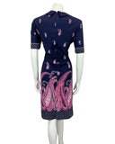 VTG 60s 70s NAVY BLUE PINK CORAL PAISLEY PRINT POLKA DOT MIDI MOD DRESS 12 14