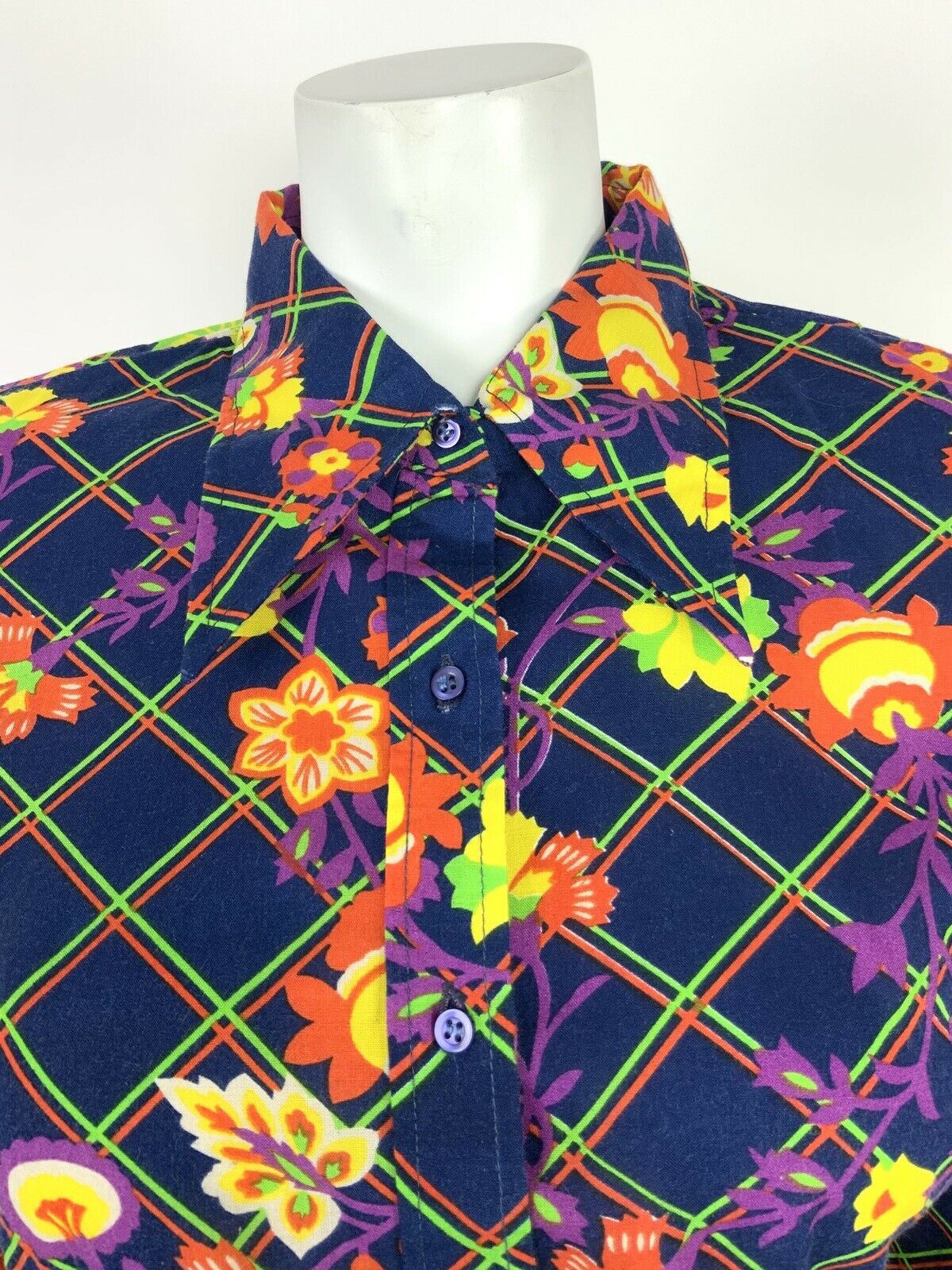 VINTAGE 60s 70s BLUE ORANGE GREEN PURPLE GRID FLORAL PSYCHEDELIC SHIRT 12 14