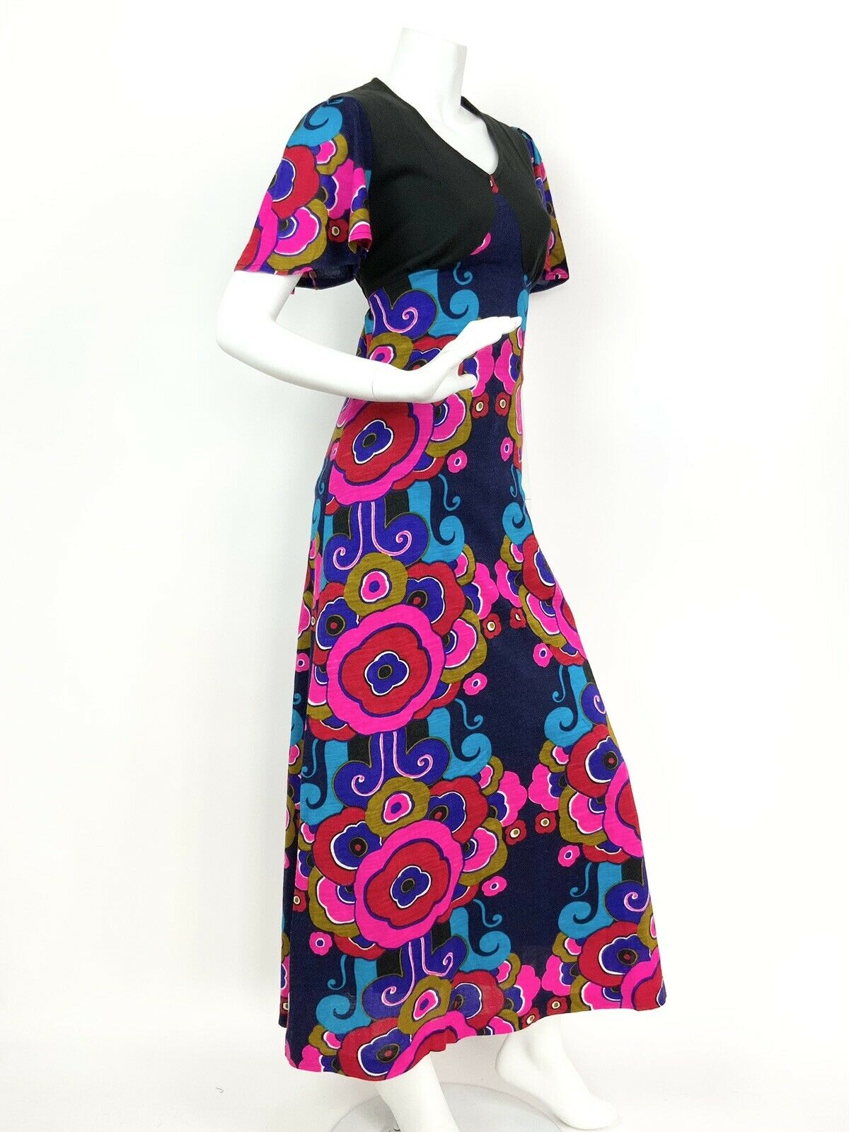 VTG 60s 70s BLUE BLACK PINK GOLD RED PSYCHEDELIC FLORAL SWIRL MAXI DRESS 8 10