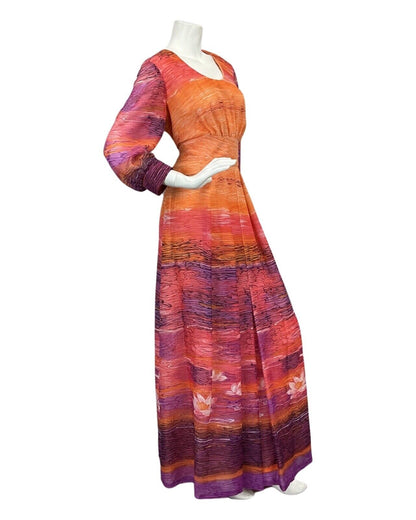 VTG 60s 70s ORANGE PINK PURPLE SUNSET FLORAL BOHO FOLK MAXI DRESS 12 14