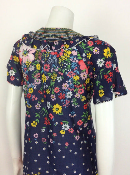 BEAUTIFUL VTG 60S 70S BLUE FLORAL COTTON SHIRRED DRESS 12 14