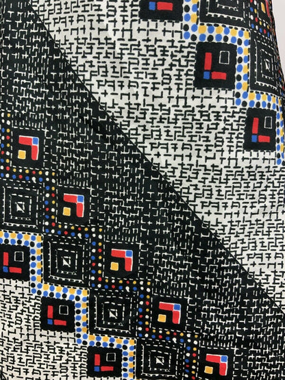 VINTAGE 60s 70s BLACK WHITE RED CROSS-HATCH GEOMETRIC DAGGER SHIRT DRESS 16 18