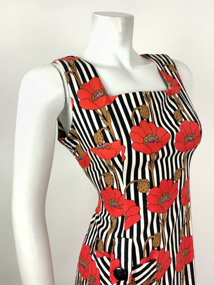 VINTAGE 60s 70s BLACK WHITE RED STRIPED FLORAL POPPY SLEEVELESS DRESS 10 12