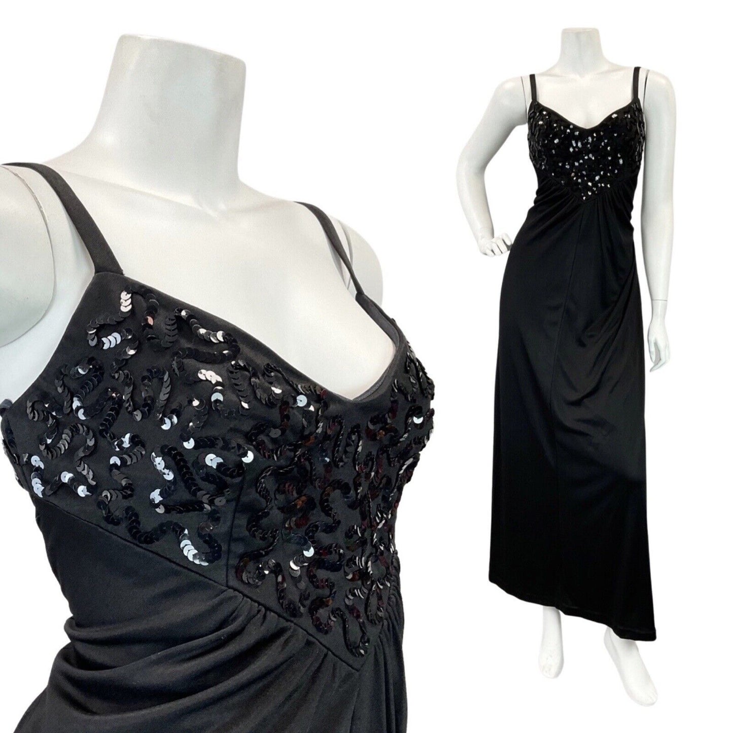 VINTAGE 60s 70s BLACK SEQUIN STRAPPY STUDIO 54 DISCO PARTY MAXI DRESS 8